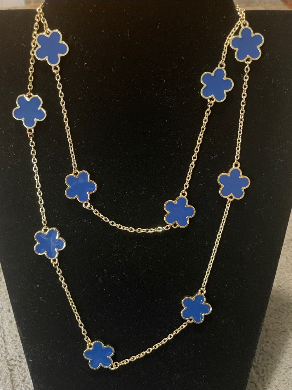 Gold-Tone Long Necklace with Blue Clover Stations by Formash